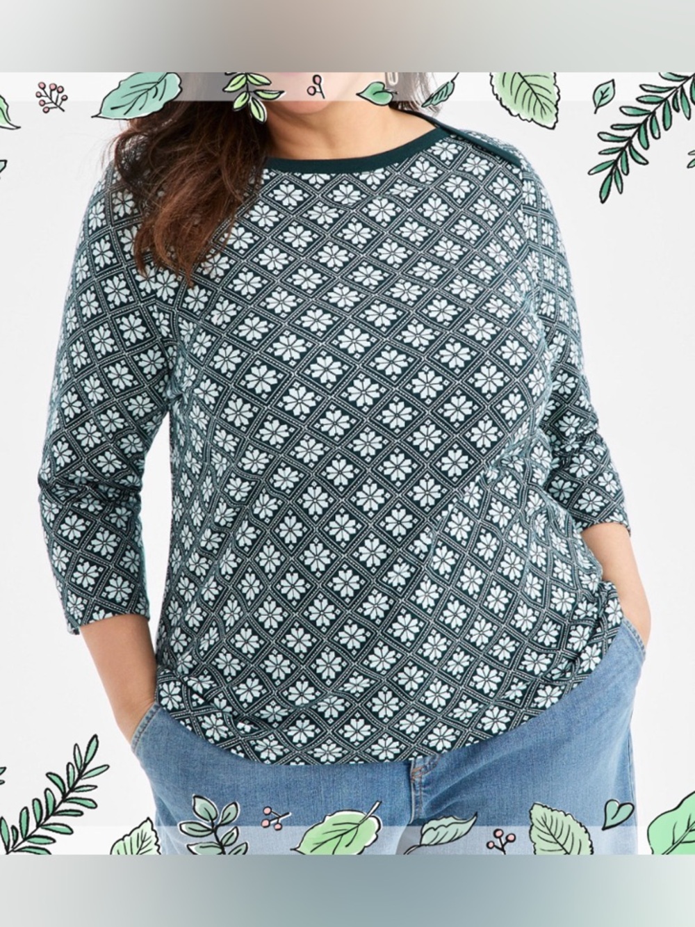 Style&Co Pima Cotton Printed Knit 3/4 Sleeve Top Ponderosa Pine Combo Sz XXL